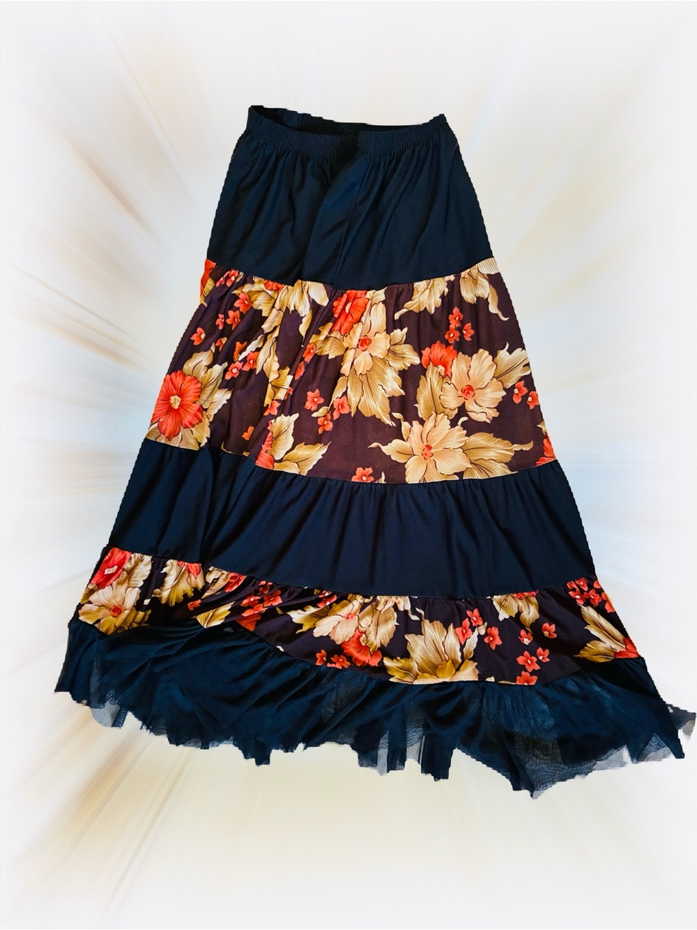 Vintage Tiered Maxi Skirt with Floral Panels
